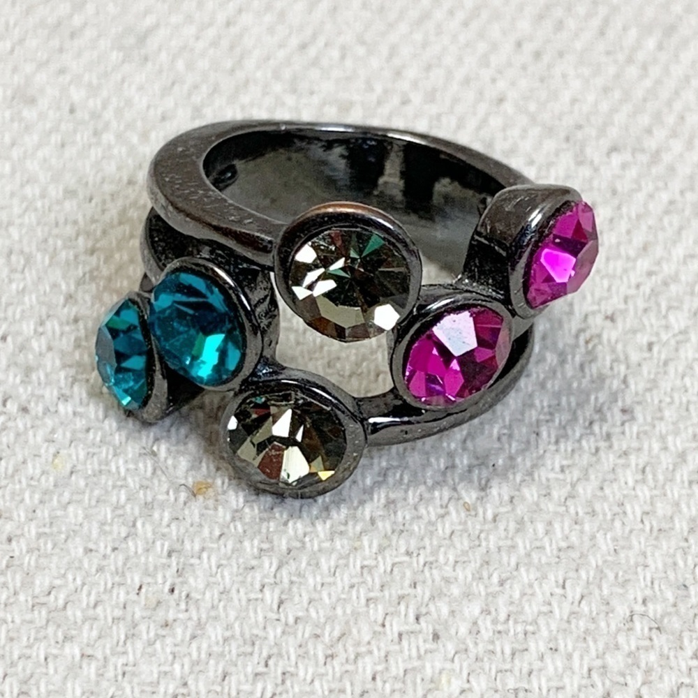 Gunmetal multi colored Fun Rhinestone Ring 7 - Picture 2 of 5